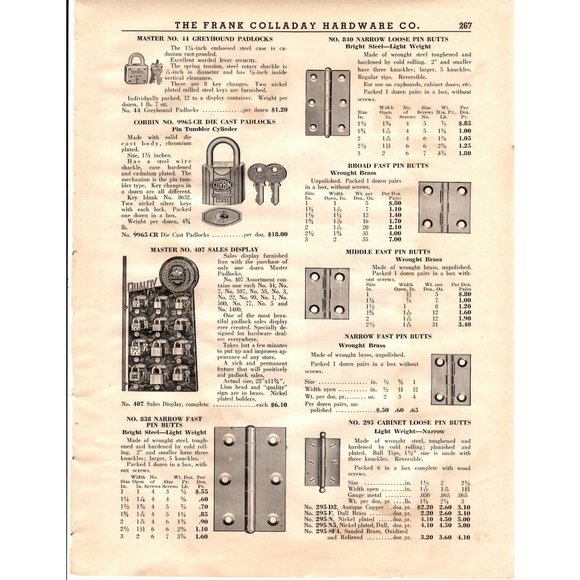 The Frank Colladay Hardware Co Page 267-268 Padlocks Corbin  Hinges  VTG 1930's - Picture 1 of 2